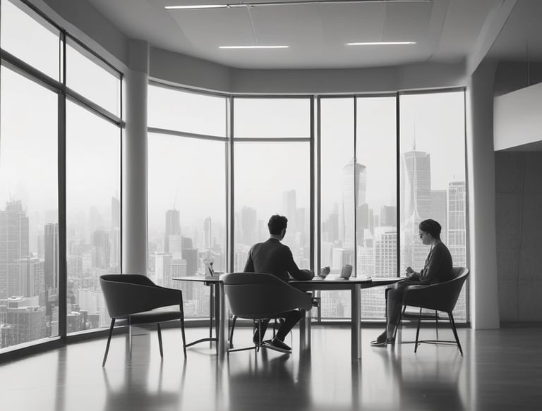 Modern office workspace with team collaborating on financial technology solutions.