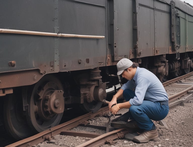 Technicians performing detailed railcar maintenance in an industrial setting.