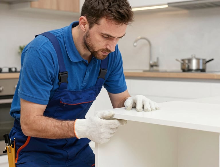 A skilled handyman fixing a door lock in a modern office space.