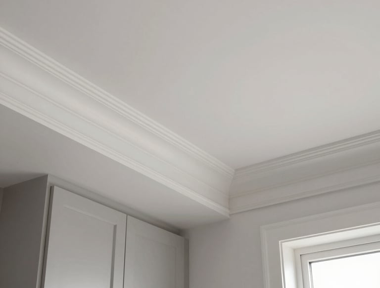 A friendly handyman from Carolina Home Pros installing elegant crown molding in a cozy living room.