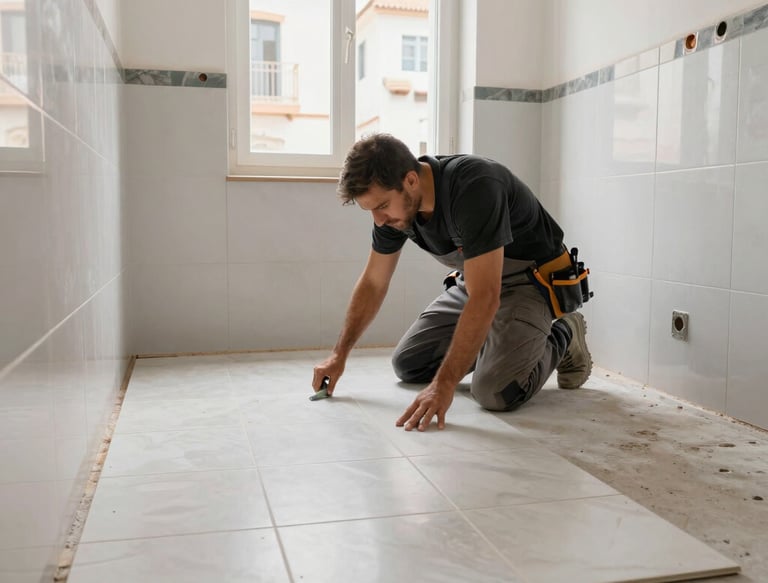 A skilled carpenter fitting custom woodwork in a sun-lit villa kitchen.