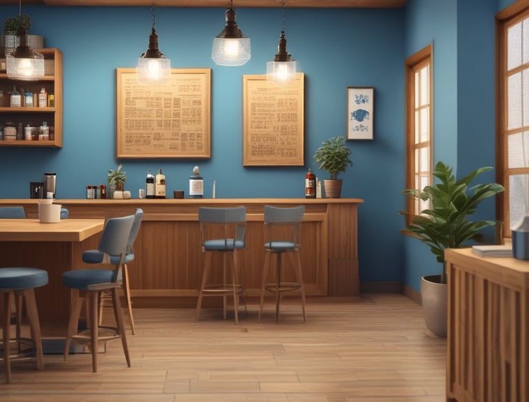 Close-up of a sleek QR code plaque on a café table inviting customers to leave a review.