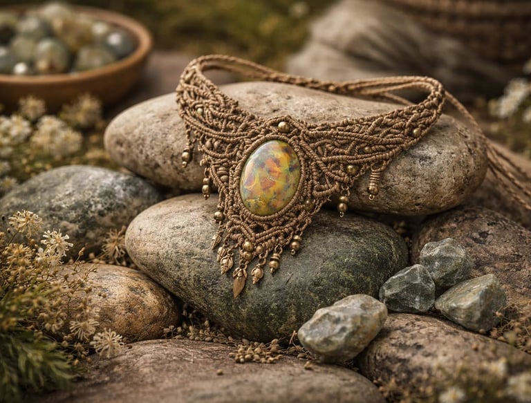 Collar de macramé sobre rocas, hecho a mano con piedra de tigre