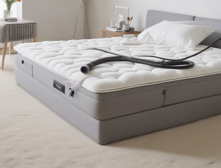 Close-up of a mattress being dried with specialized equipment in a bright room.