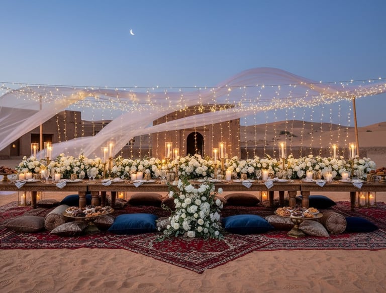 Luxury desert dinner setup with elegant white flowers, candles, and string lights under a crescent moon.