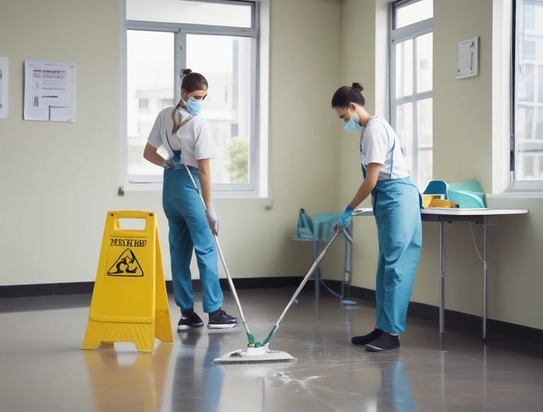 A professional cleaning crew carefully sanitizing a modern office workspace.