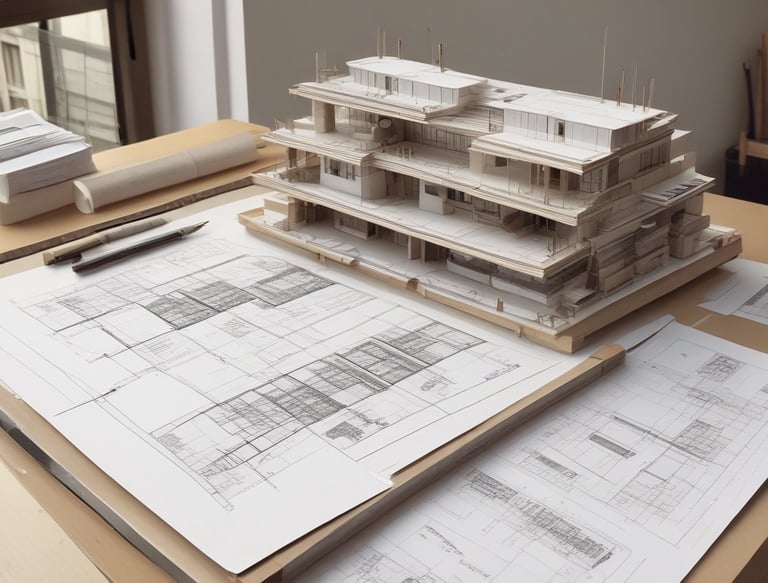 Modern office workspace with architectural blueprints and a laptop on a wooden desk.
