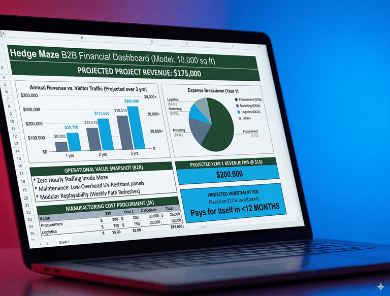 B2B financial dashboard on a laptop screen showing revenue projections, expense charts, and ROI analysis.