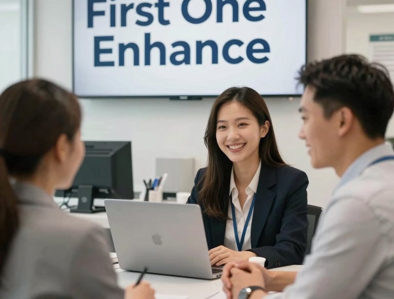 Smiling business professionals at First One Enhance meeting with a client to discuss financial services.