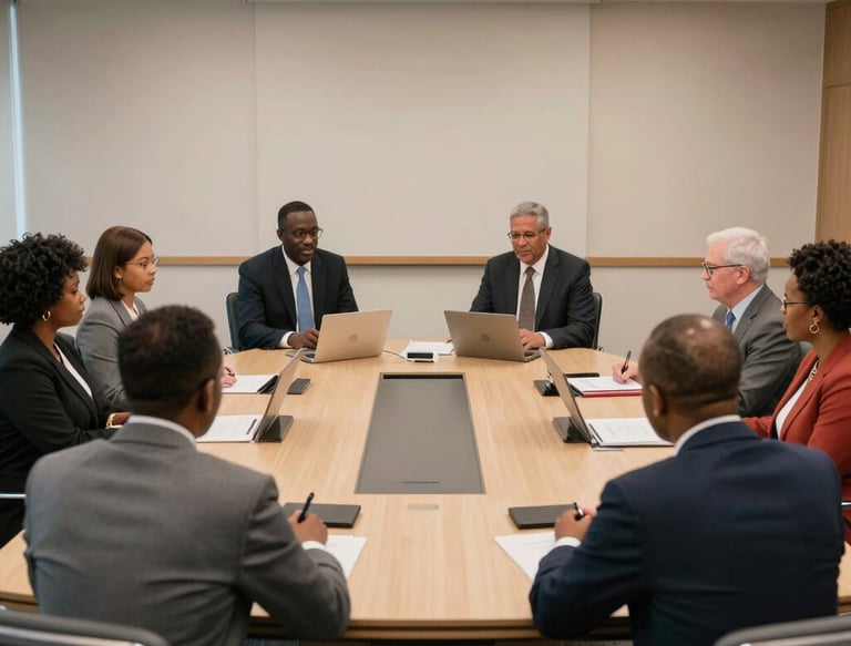A vibrant meeting of Franco-Gambian leaders exchanging ideas in a modern conference room.
