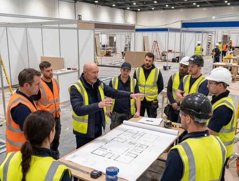 Construction team in safety vests reviewing project plans at industrial site