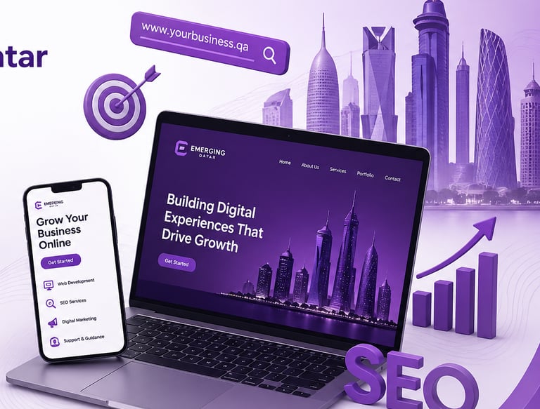 Digital marketing and SEO services display featuring a laptop, smartphone, and 3D icons against a purple Qatar skyline.