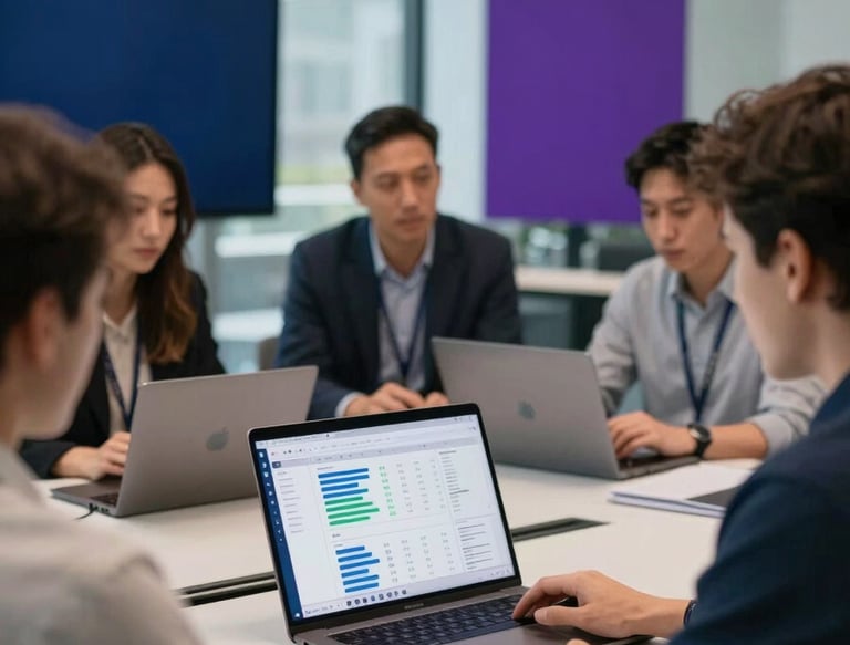 A group of professional software engineers collaborating in a bright, modern glass-walled conference room in a North American / International tech hub. Soft natural light illuminates a high-end laptop displaying a clean analytics dashboard, while elegant dark blue and deep purple design accents are visible in the background.