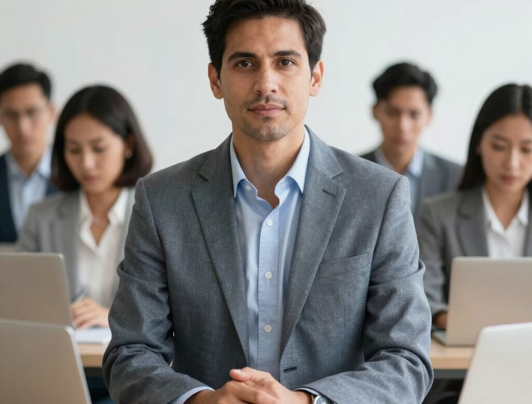 Business team collaborating energetically around a conference table with laptops and notes.