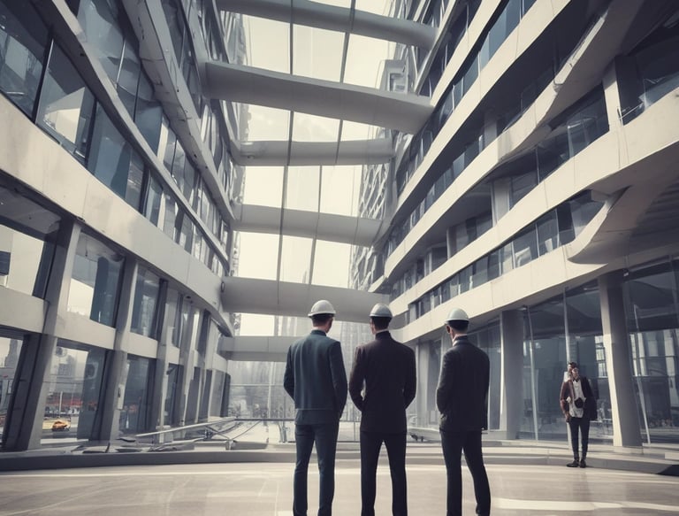 Engineers collaborating over blueprints in a modern office setting.