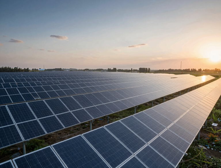 Close-up of hands shaking over a solar project agreement with panels in the background.