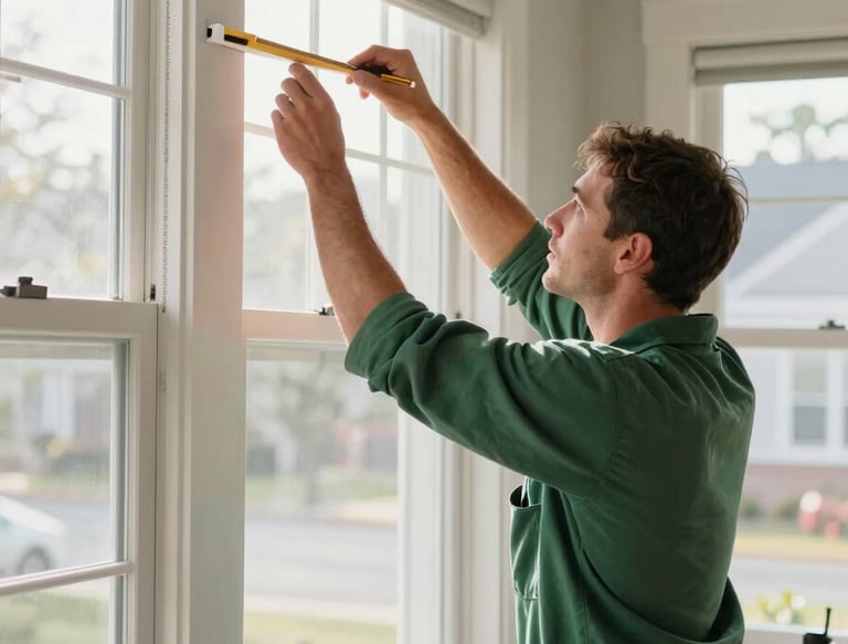A professional in a North American / New England setting performing a window installation on a residential home. The worker wears a Muted Pine Green uniform, and the scene is filled with bright, natural morning light. The composition is focused on the precision of the work.