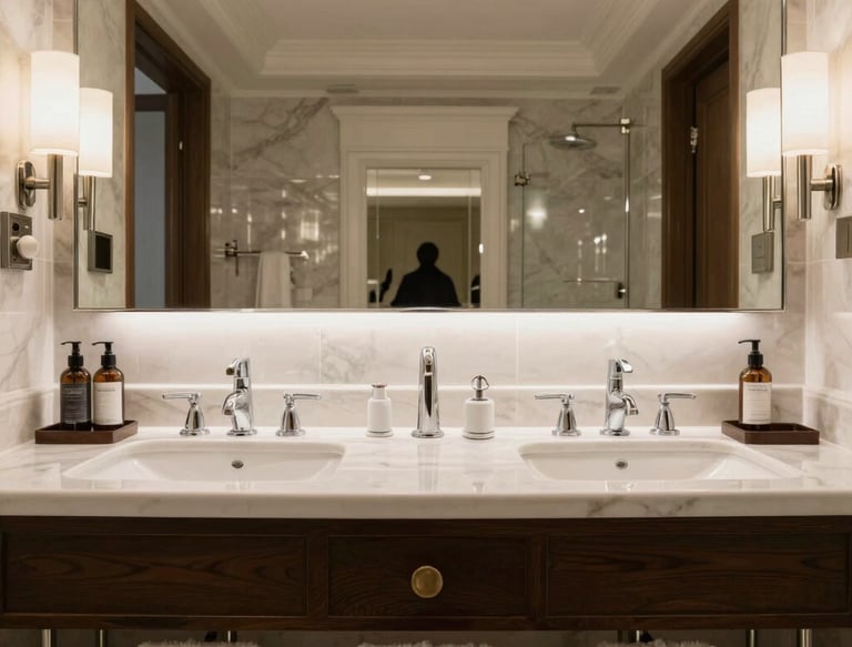 A bright, modern bathroom showcasing sleek taps and a stylish basin in white and orange accents.