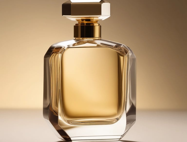 Close-up of a sleek glass perfume bottle with soft smoke curling around it against a muted gold gradient background.