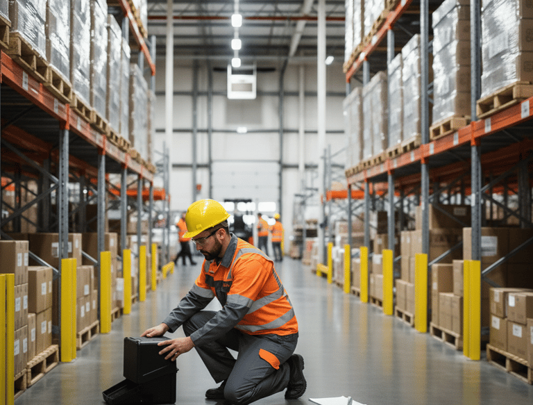 JanTech exterminator in a safety vest inspects inventory near tall warehouse storage racks.