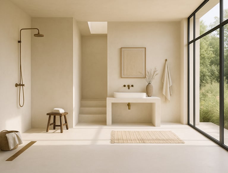 Douche italienne en enduit Stucco Latte beige clair avec rigole en laiton