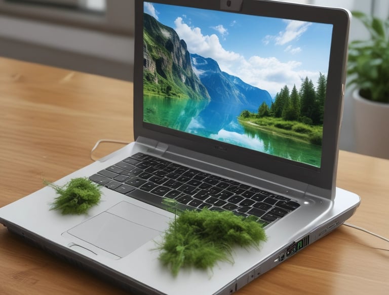 Close-up of a sleek refurbished laptop with the Leader PC logo on the screen.