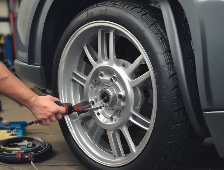 Close-up of shiny new tires stacked neatly next to a workbench with tools.