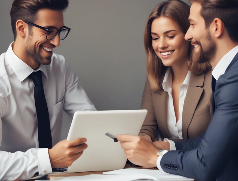 Entrepreneur shaking hands with a Credicore financial advisor in a modern office.