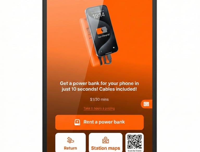 Boost Huitz rental station screen displaying options to rent a portable power bank for mobile charging.