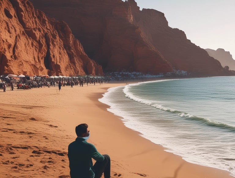 Smiling traveler enjoying a sunny terrace overlooking Agadir beach.
