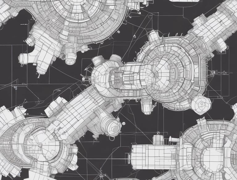 Engineers collaborating over blueprints in a bright, modern office filled with energy project models.