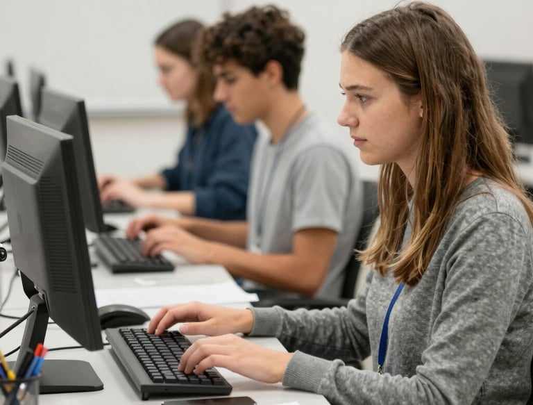 A happy customer reading a digital course on a tablet, surrounded by notes and a cup of tea.