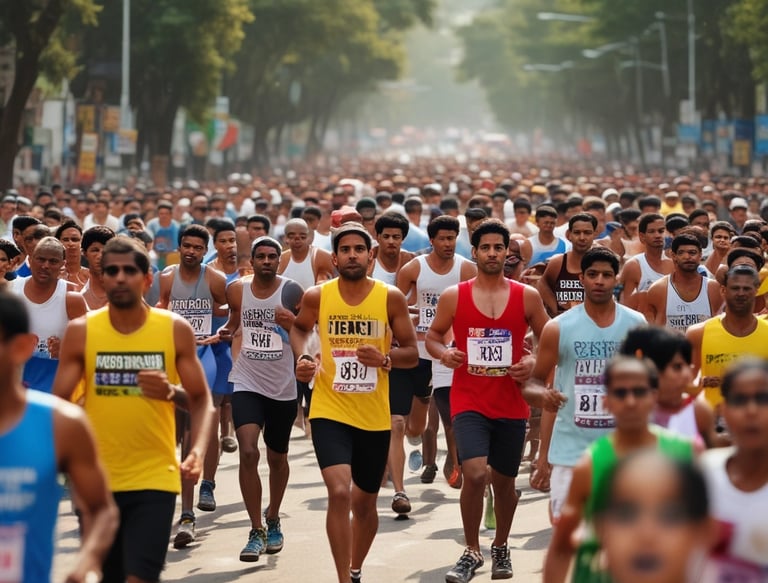 A group of diverse runners smiling and stretching together before a race.