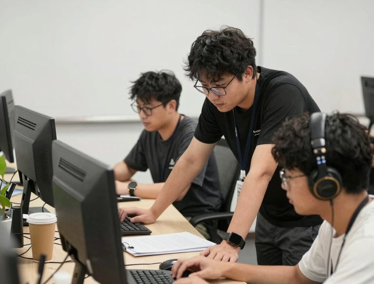 A clean, modern office space with a team collaborating over service plans.