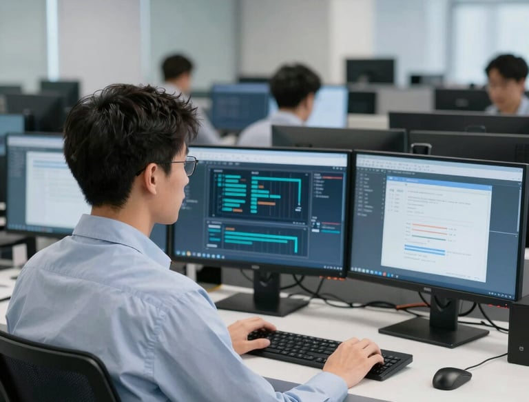 A diverse team of IT professionals collaborating over laptops in a modern office space.