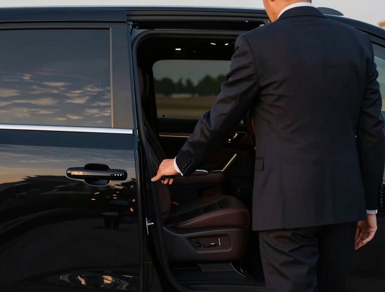 Professional chauffeur in a suit opening the door of a black luxury SUV for executive transport service.