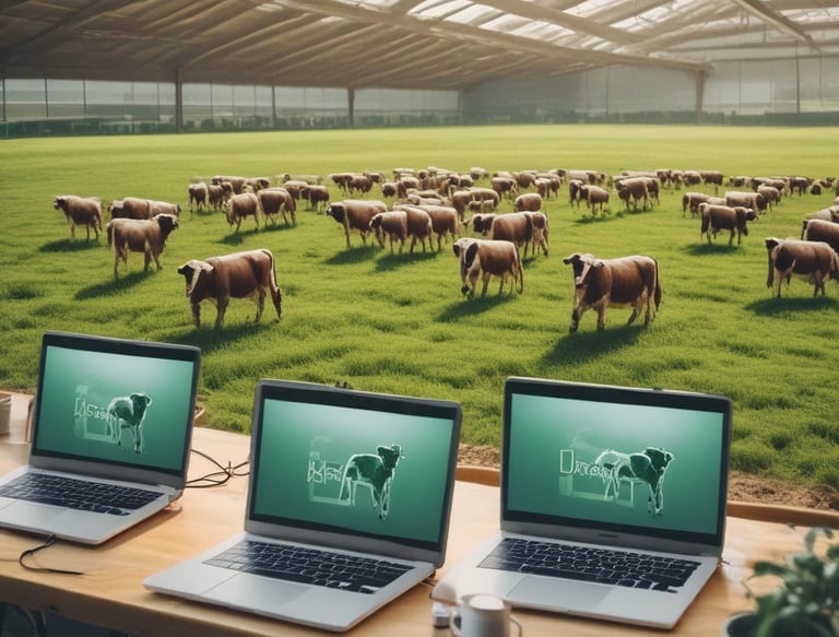 A scenic view of a rural landscape with fields and livestock.