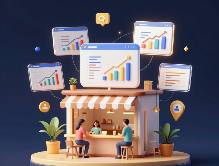 A friendly team collaborating over laptops in a modern office with dark blue and cream accents.