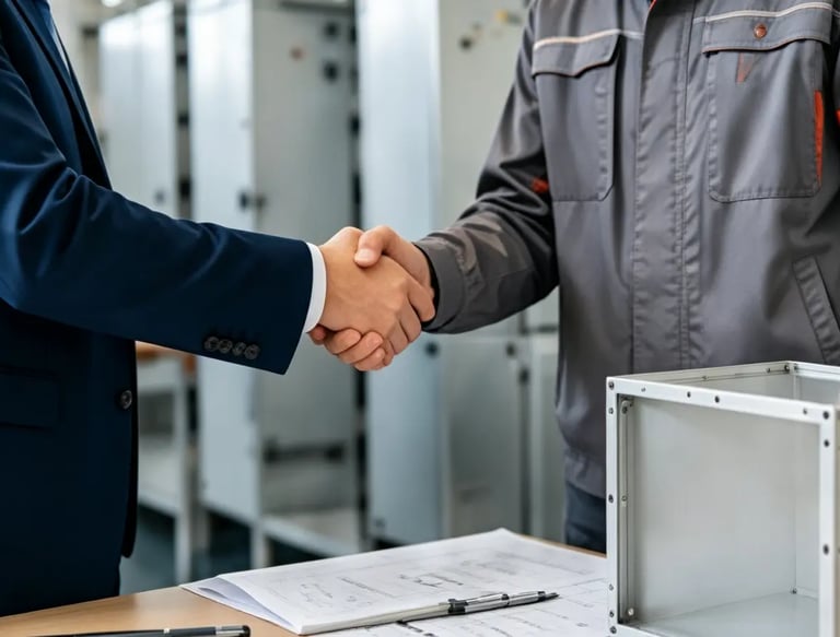 Business manager and industrial technician shaking hands over blueprints in fulei  metal