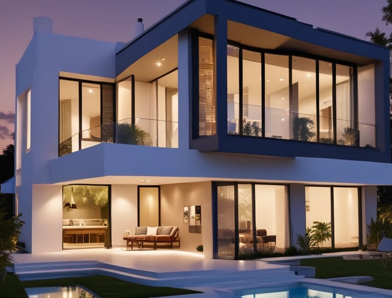 A warm, inviting modern home exterior at sunset with soft lighting.