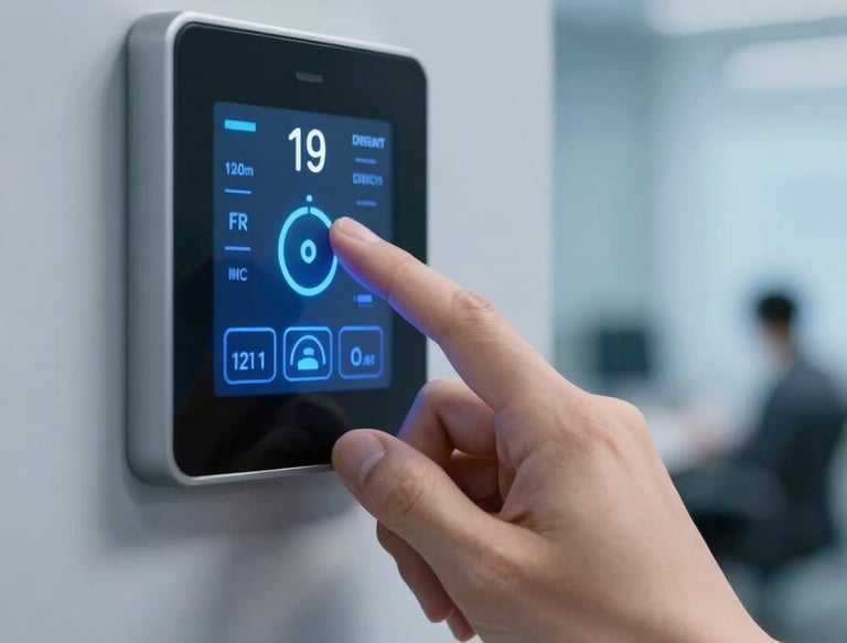 Close-up of a high-tech climate control interface on a wall, a hand adjusting the temperature, blurred professional office environment in the background, cool blue lighting, high expertise vibe.