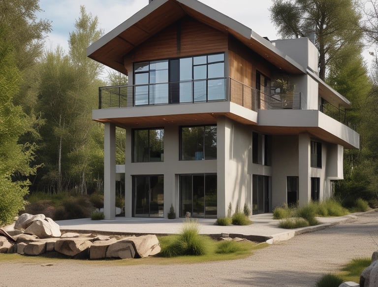 An elegant, large estate with intricate architecture, featuring numerous spires and chimneys. A manicured lawn with symmetrical stripes leads to a fountain in front of the building. Lush green trees line both sides of the pathway, and there is a tram on a paved road to the right.