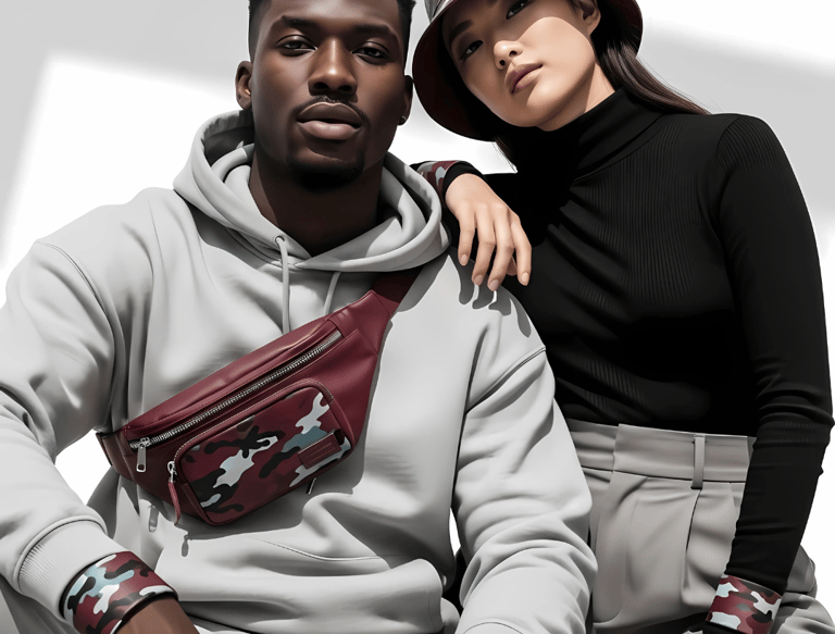 Contemporary photo of an interracial male and female couple in studio  wearing premium clean fashion
