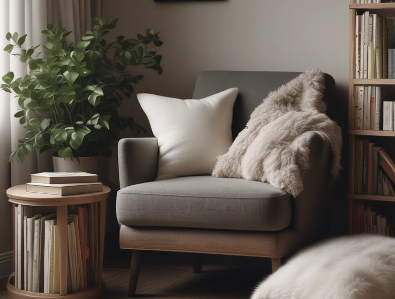A cozy blanket draped over a soft armchair next to a flickering candle, inviting relaxation and reflection.