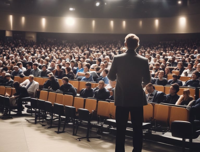 A large audience is seated in an auditorium with a speaker on stage. The room is dimly lit, with screens on either side displaying text and graphics related to the topic of management and work. The atmosphere suggests a professional conference or seminar.