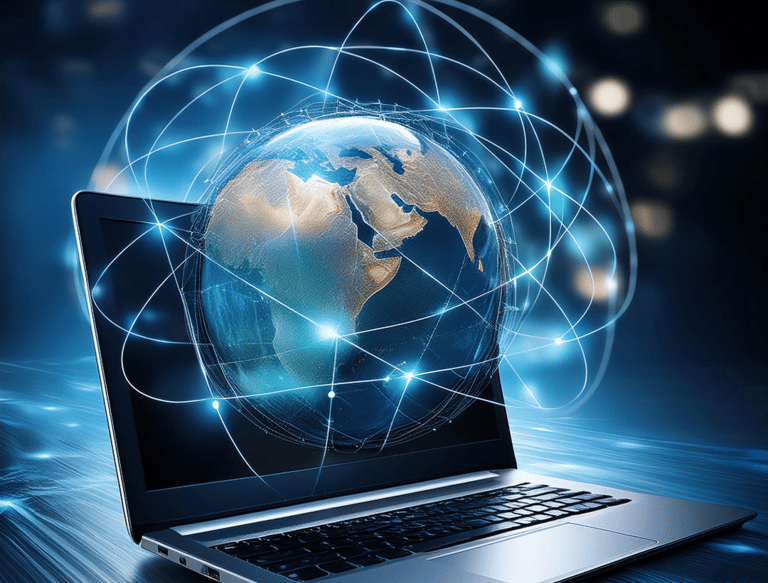 a laptop computer with a globe in the background