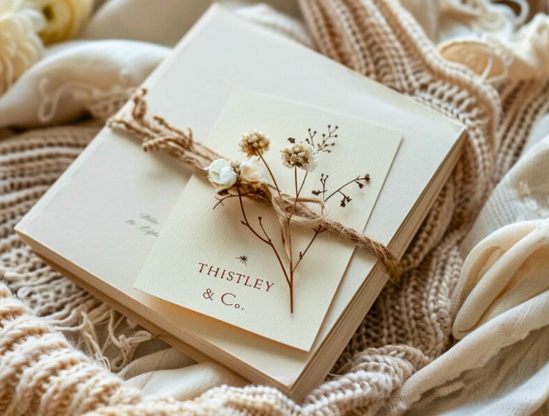 a book with a flower on it and a card with a ribbon tied to it