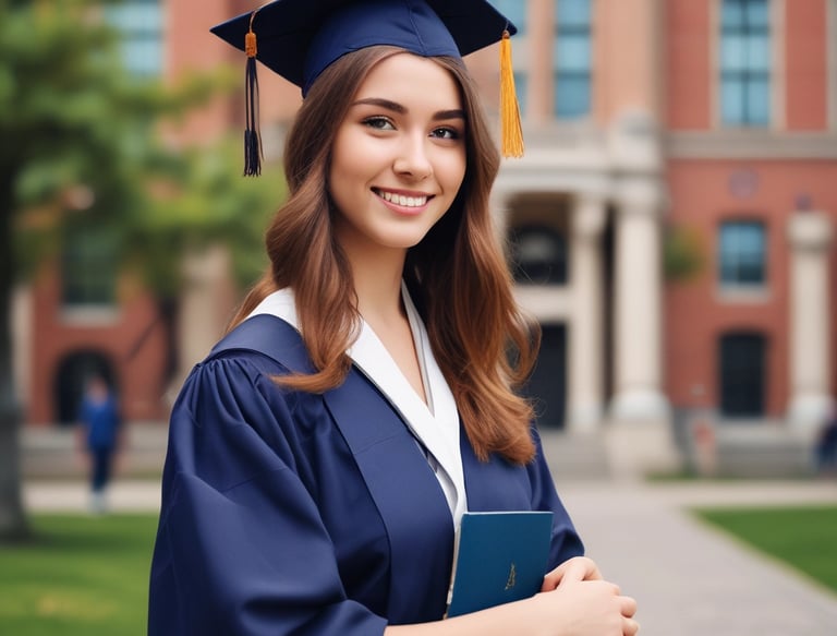 A person wearing a graduation cap and gown is standing confidently in front of a modern building with geometric patterns and a visible sign reading 'BAU'. The background also displays flags and mountains in the distance.