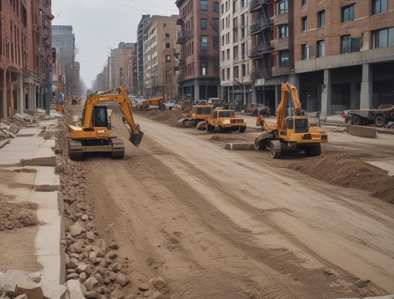 An urban setting with a construction site featuring a portable cabin with a barred window. A worn-out couch is placed next to the cabin on a patch of concrete. Nearby, construction pipes are stacked, and there are several shopping carts filled with debris. Apartment buildings border the background, with a commercial building visible on the right displaying a store logo.