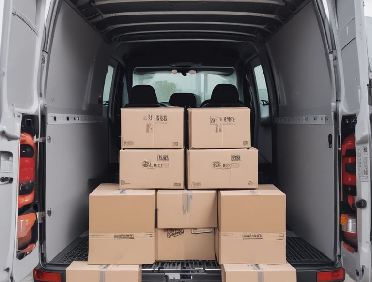 A smiling delivery driver holding a package, standing next to the van.